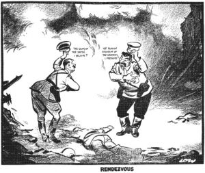 Рандеву. Британская карикатура на раздел Польши. Гитлер: «Отброс общества, если я не ошибаюсь?» Сталин: «Кровавый убийца рабочих, осмелюсь предположить?» («Evening Standard», 20.09.1939)