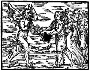 Sorcerer exchanging the Gospels for a book of black magic