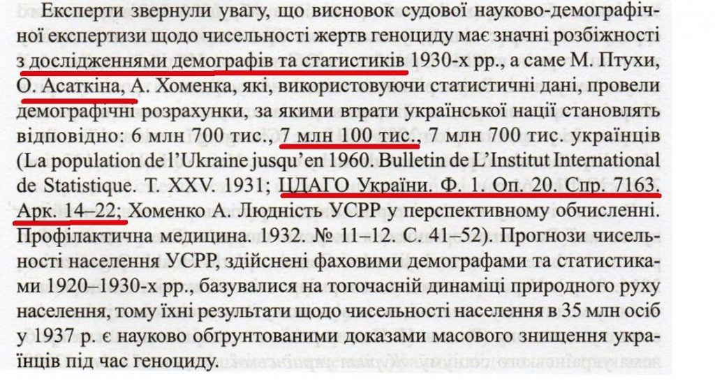 003_Згадка про дослідження Асаткіна, у якому він начебто писав про 7,1 млн втрат, розміщена в аналітичній частині експертного висновку про кількість знищених в роки Голодомору 1932-1933 років українців. 
