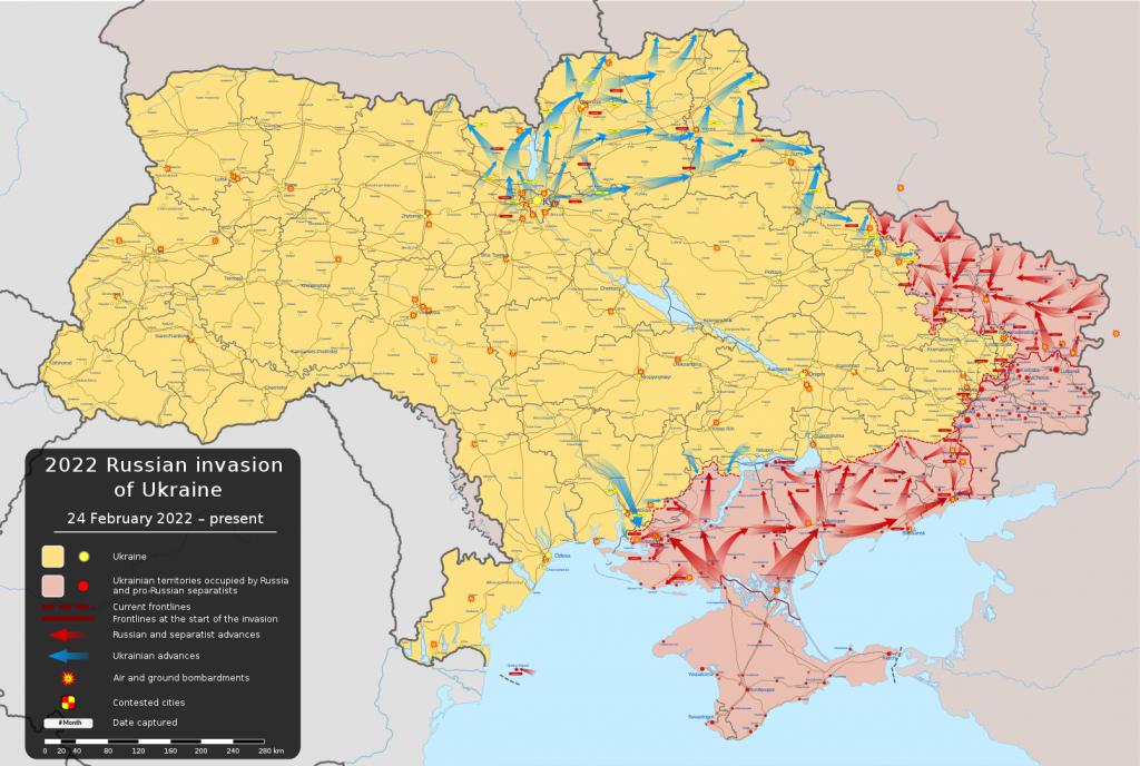 Україна на 70 день російського повномасштабного вторгнення. Карта з Вікіпедії.